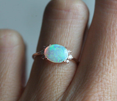 Oval Opal Ring with Side White Round Diamonds