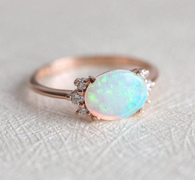 Oval Opal Ring with Side White Round Diamonds