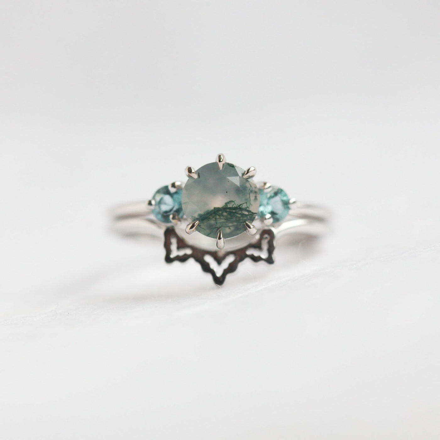 Round Moss Agate Ring Set with Side Teal Tourmaline Stones