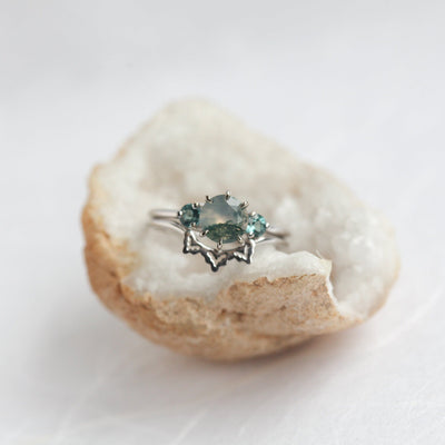 Round Moss Agate Ring Set with Side Teal Tourmaline Stones