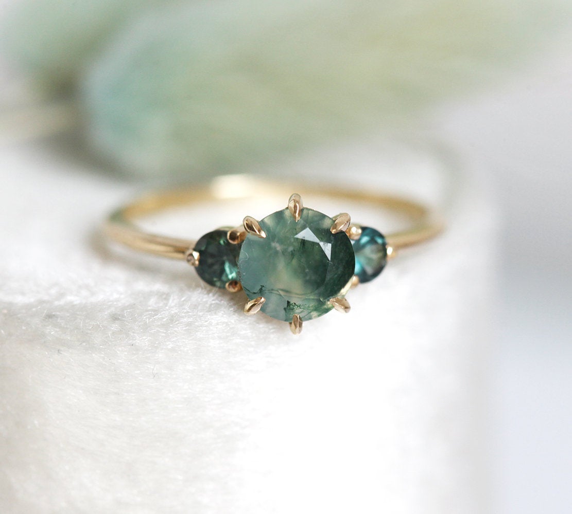 Taia Moss Agate Ring With Teal Tourmalines-Capucinne