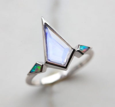3-Stone Kite Moonstone Ring with 2 Side Black Opal Gemstones