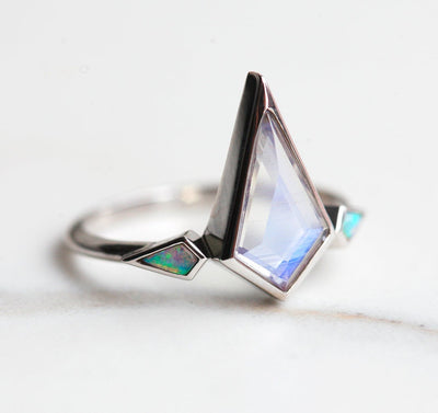 3-Stone Kite Moonstone Ring with 2 Side Black Opal Gemstones