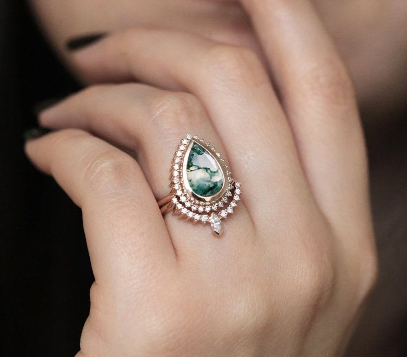 Pear Moss Agate Ring with Side Small White Diamonds