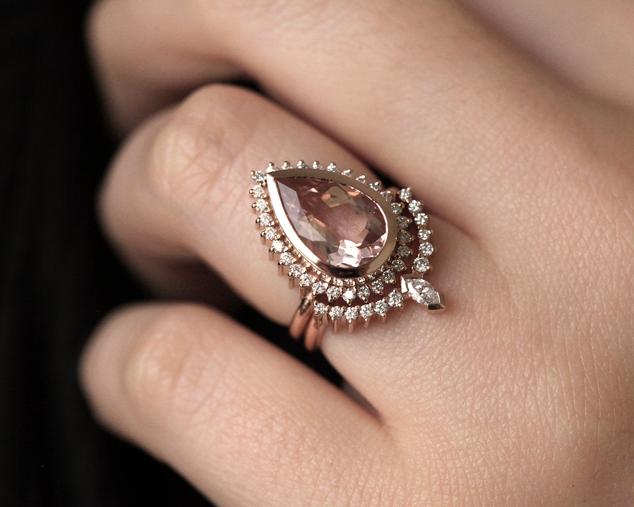 Pear Morganite Ring with Side Small White Diamonds