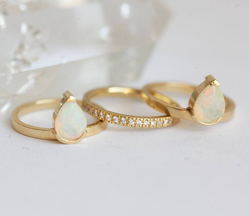 Pear Opal Ring Set with 3 Band, Pave Diamond Middle Eternity Band