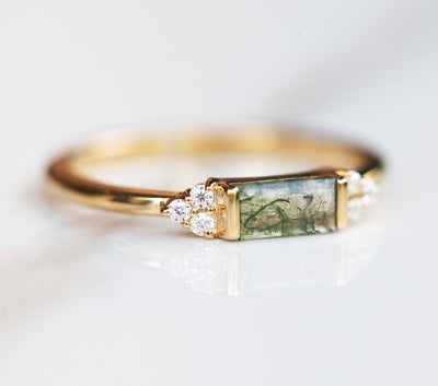 Baguette Moss Agate Ring with Side Round White Diamonds