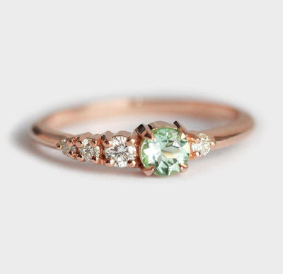Mint Green Tourmaline Cluster Ring with White Diamonds Asymmetrically Aligned