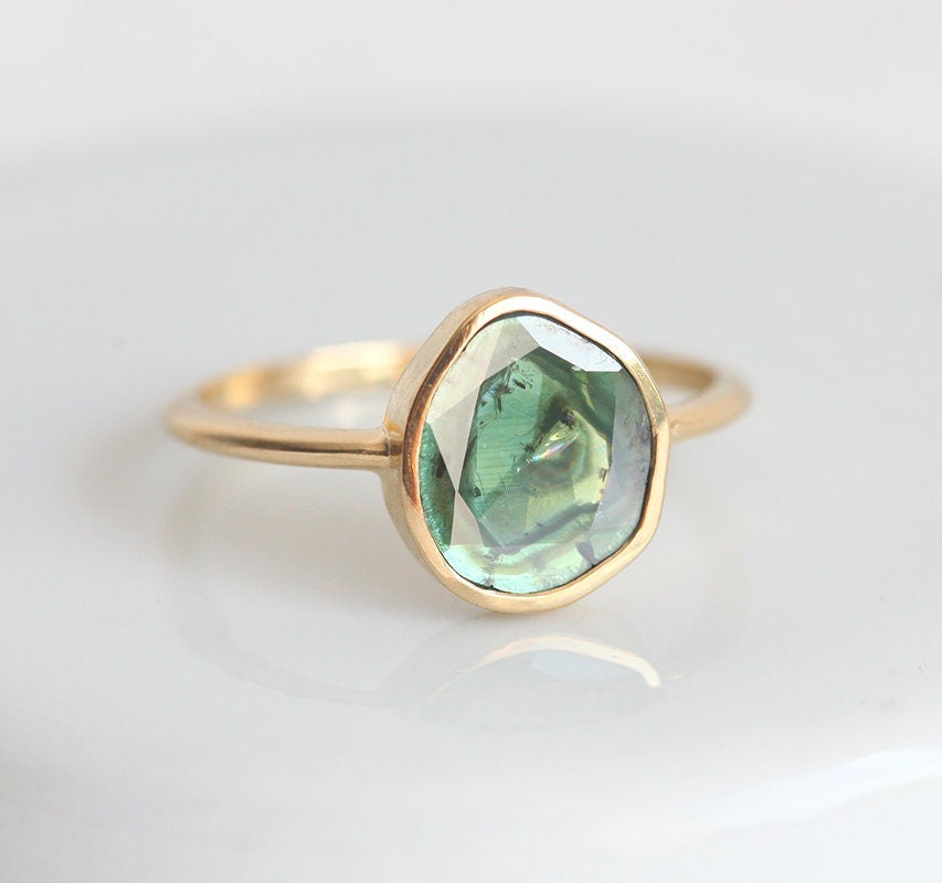 Unique-Shape Green Blue Diamond Solitaire Gold Ring