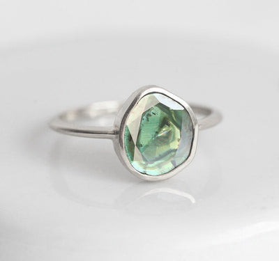 Unique-Shape Green Blue Diamond Solitaire Gold Ring