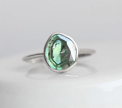 Unique-Shape Green Blue Diamond Solitaire Gold Ring