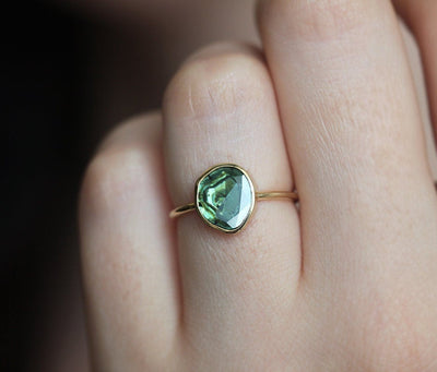 Unique-Shape Green Blue Diamond Solitaire Gold Ring