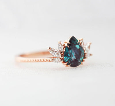 Teal Pear Alexandrite Rose Gold Ring with Side Marquise-Cut White Diamonds