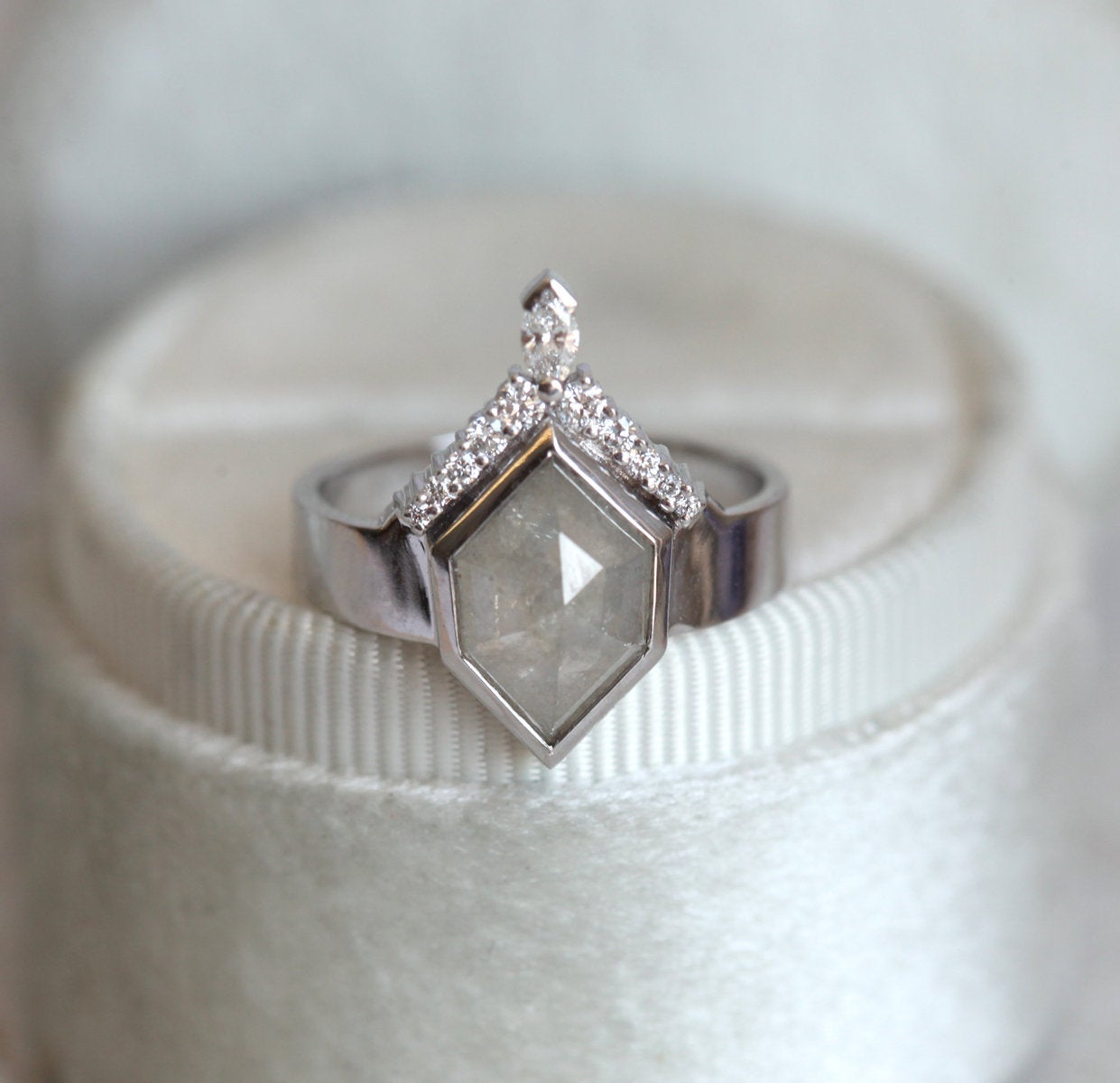 Hexagon Salt & Pepper Diamond with Side Round and Marquise-Cut White Diamonds