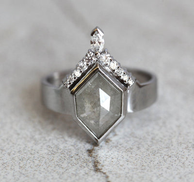 Hexagon Salt & Pepper Diamond with Side Round and Marquise-Cut White Diamonds