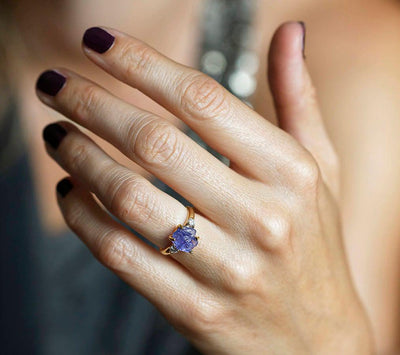 Three-Stone Natural Raw Tanzanite Ring with 2 Side White Diamonds