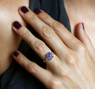 Three-Stone Natural Raw Tanzanite Ring with 2 Side White Diamonds