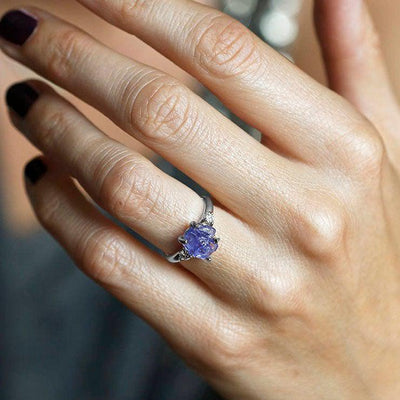 Three-Stone Natural Raw Tanzanite Ring with 2 Side White Diamonds