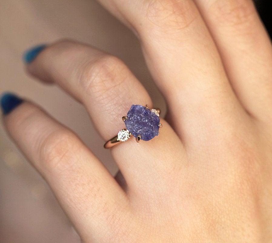 Three-Stone Natural Raw Tanzanite Ring with 2 Side White Diamonds