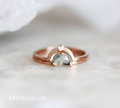Half Moon Moss Agate Solitaire Ring with Matching Curved Band Featuring a White Diamond Accent