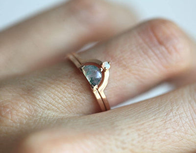 Half Moon Moss Agate Solitaire Ring with Matching Curved Band Featuring a White Diamond Accent