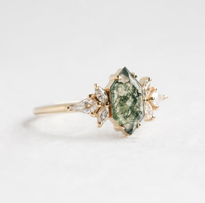 Hexagon Moss Agate Ring with Accent Marquise-Cut and Kite-Cut White Diamonds