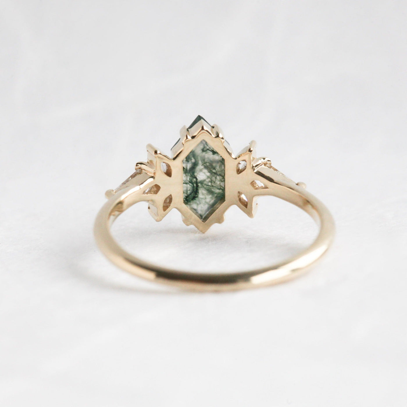 Hexagon Moss Agate Ring with Accent Marquise-Cut and Kite-Cut White Diamonds