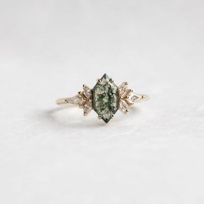 Hexagon Moss Agate Ring with Accent Marquise-Cut and Kite-Cut White Diamonds