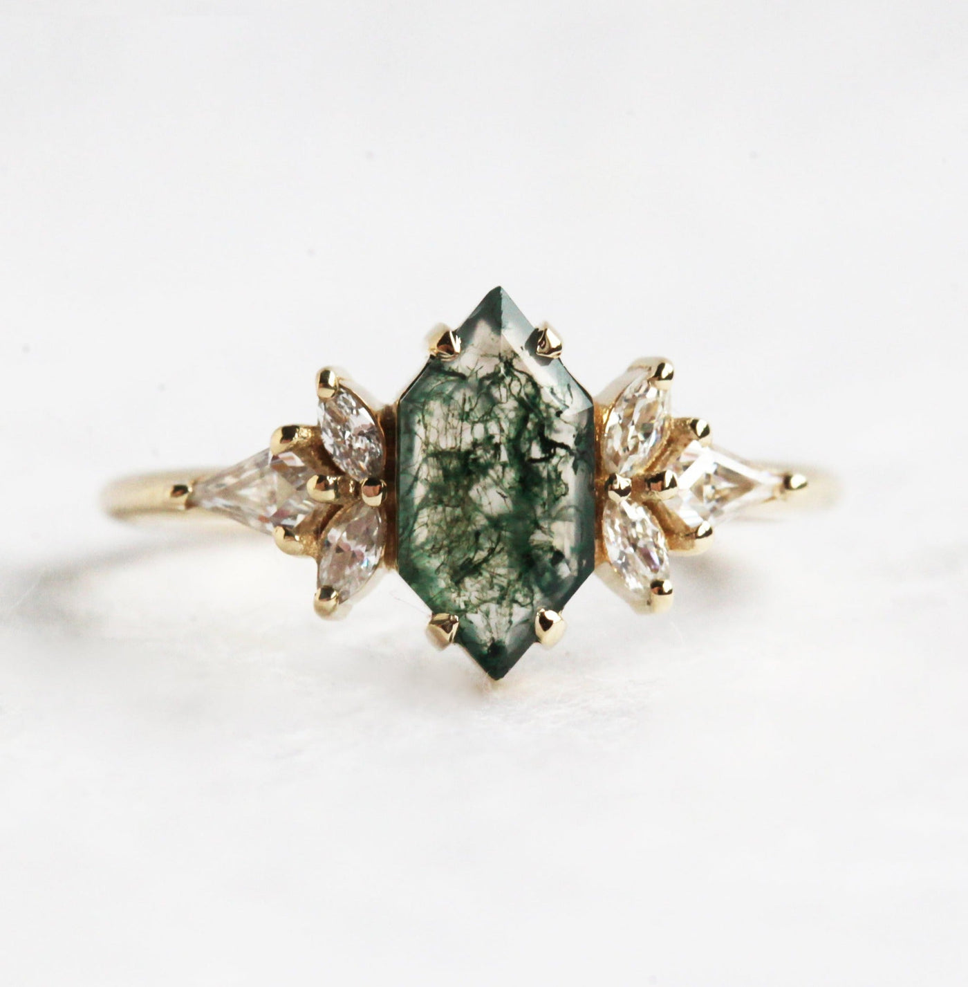 Hexagon Moss Agate Ring with Accent Marquise-Cut and Kite-Cut White Diamonds