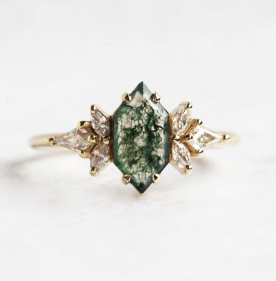 Hexagon Moss Agate Ring with Accent Marquise-Cut and Kite-Cut White Diamonds