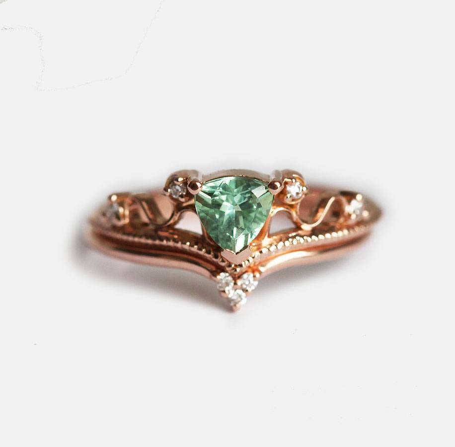 Green Trillion-Shape Tourmaline Vintage Diamond Ring Set