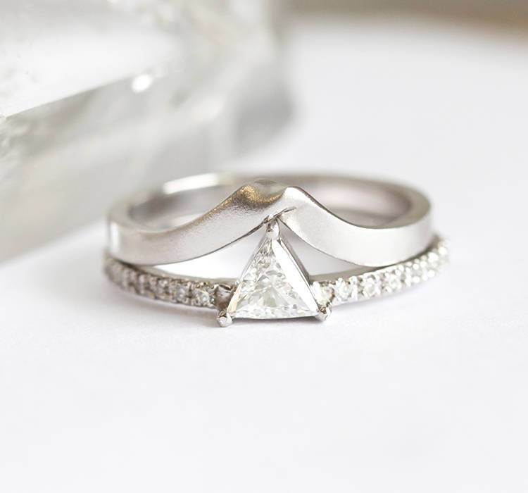 TRIANGLE CUT DIAMOND RING WITH HALF ETERNITY PAVE DIAMONDS-Capucinne