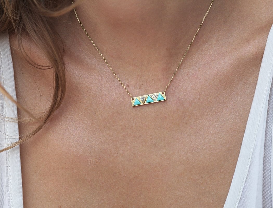 Triangle Cut Turquoise Gemstones Bar Gold Necklace with White Diamonds