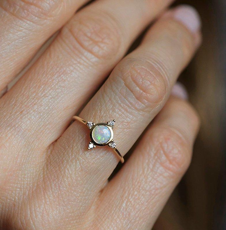 Round Opal Ring with Symmetrically Placed 4 Side White Round Diamonds