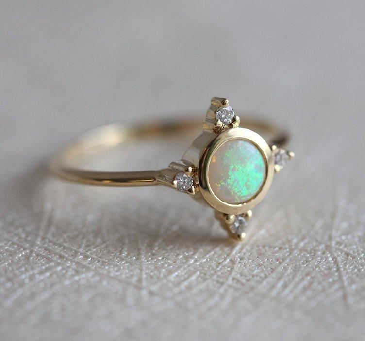 Round Opal Ring with Symmetrically Placed 4 Side White Round Diamonds