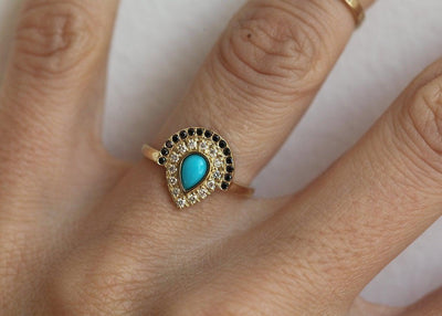 Pear Turquoise Wedding Halo Ring with Black and White Round Diamonds
