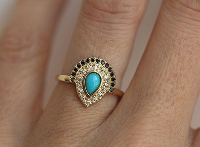 Pear Turquoise Wedding Halo Ring with Black and White Round Diamonds