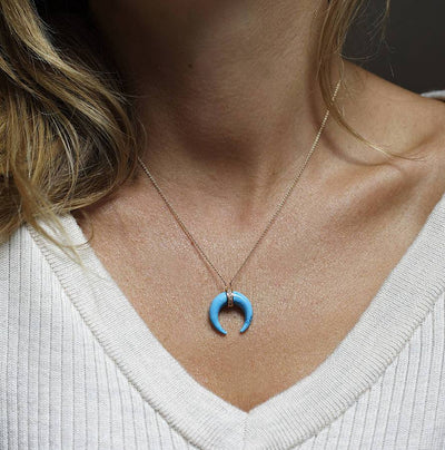 Horn-shaped blue turquoise necklace with diamond pave