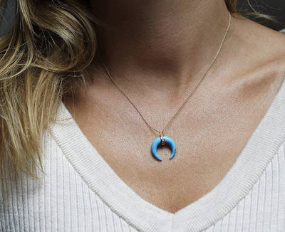 Horn-shaped blue turquoise necklace with diamond pave