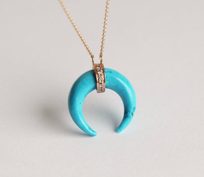 Horn-shaped blue turquoise necklace with diamond pave