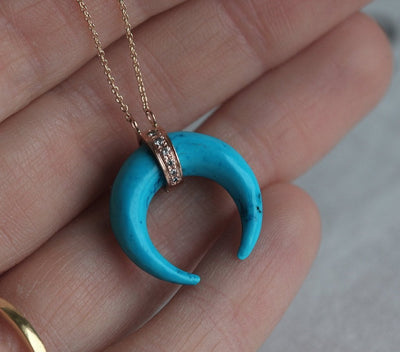 Horn-shaped blue turquoise necklace with diamond pave