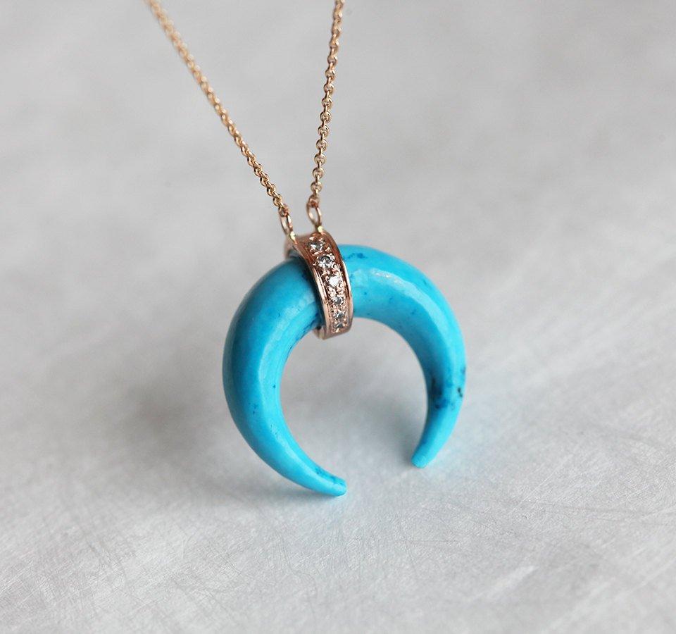 Horn-shaped blue turquoise necklace with diamond pave