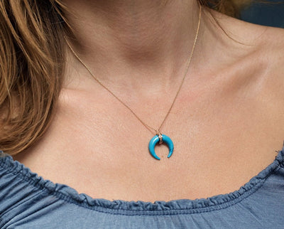 Horn-shaped blue turquoise necklace with diamond pave