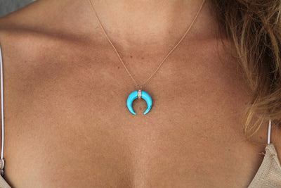 Horn-shaped blue turquoise necklace with diamond pave