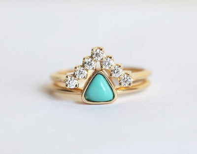Trillion Cut Turquoise Engagement Ring with Side White Round Diamonds