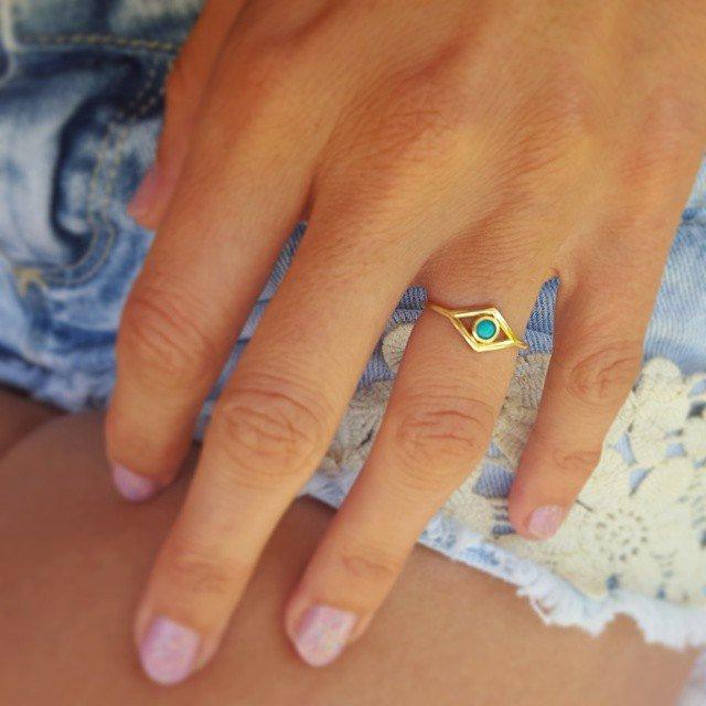 Evil Eye Shape Ring with Round Turquoise Gemstone Centerpiece