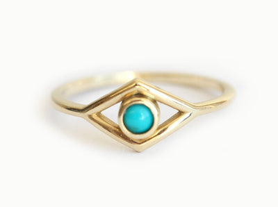 Evil Eye Shape Ring with Round Turquoise Gemstone Centerpiece