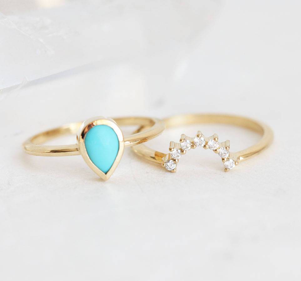 Pear Turquoise Halo Ring Set with White Diamonds