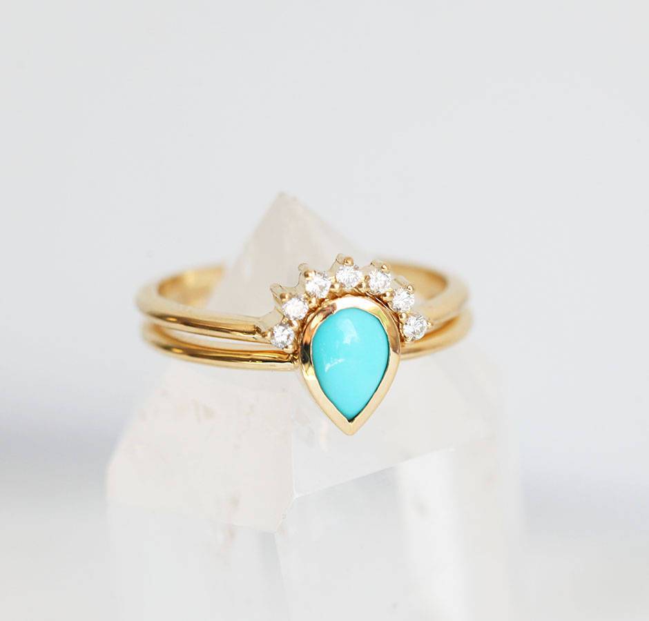 Pear Turquoise Halo Ring Set with White Diamonds