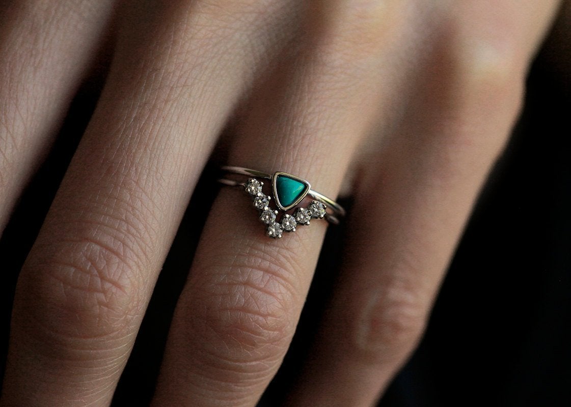 Trillion Cut Turquoise Solitaire Wedding Ring with Diamond Crown